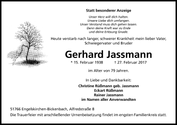 Anzeige von Gerhard Jassmann von Kölner Stadt-Anzeiger / Kölnische Rundschau / Express