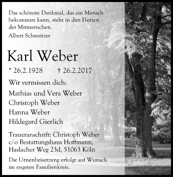 Anzeige von Karl Weber von Kölner Stadt-Anzeiger / Kölnische Rundschau / Express