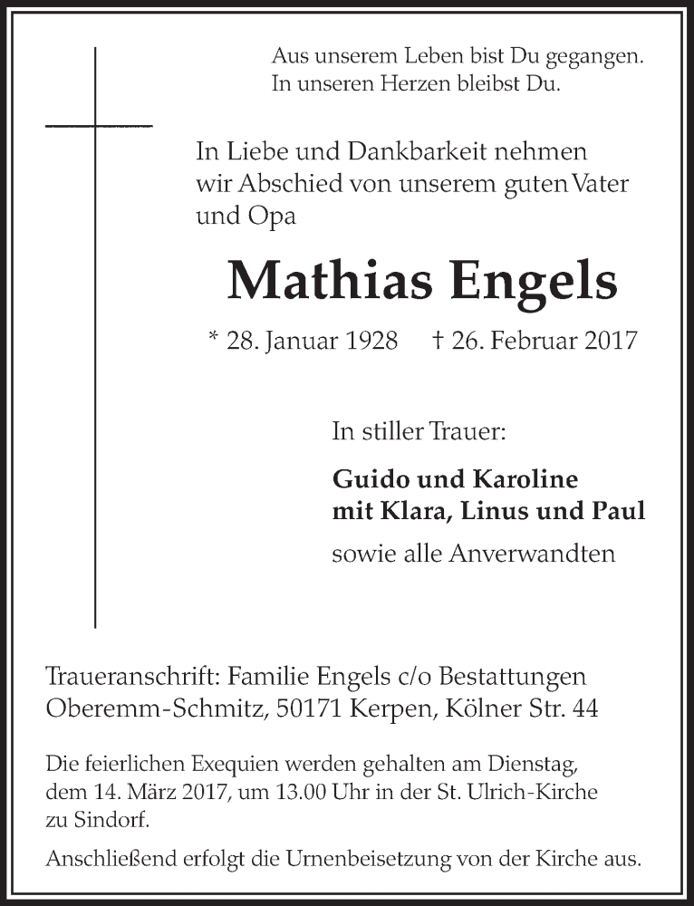  Traueranzeige für Mathias Engels vom 11.03.2017 aus  Sonntags-Post 