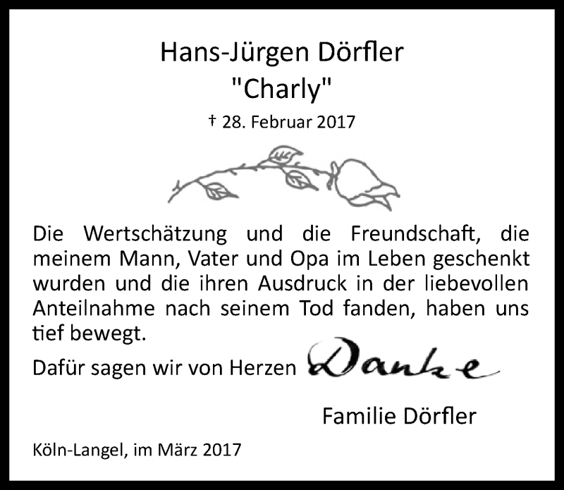  Traueranzeige für Hans-Jürgen Dörfler vom 22.03.2017 aus  Kölner Wochenspiegel 