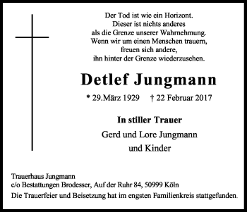 Anzeige von Detlef Jungmann von Kölner Stadt-Anzeiger / Kölnische Rundschau / Express