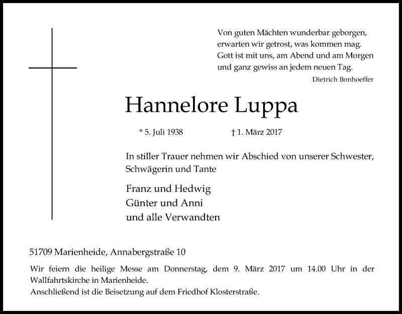  Traueranzeige für Hannelore Luppa vom 04.03.2017 aus Kölner Stadt-Anzeiger / Kölnische Rundschau / Express