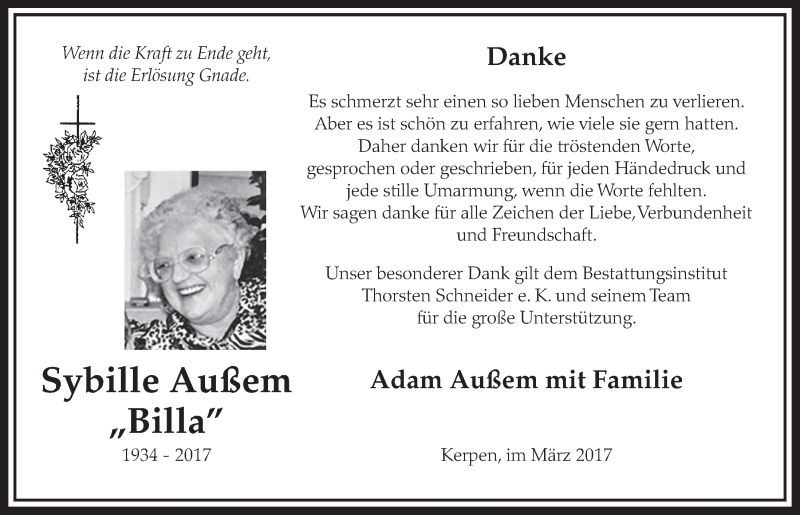  Traueranzeige für Sybille Außem vom 25.03.2017 aus  Sonntags-Post 