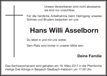 Anzeige von Willi Asselborn von  Bergisches Handelsblatt 