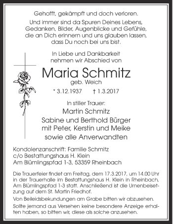 Anzeige von Maria Schmitz von  Schaufenster/Blickpunkt 