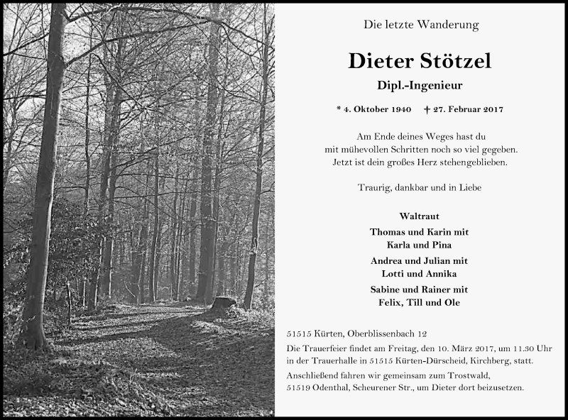  Traueranzeige für Dieter Stötzel vom 04.03.2017 aus Kölner Stadt-Anzeiger / Kölnische Rundschau / Express