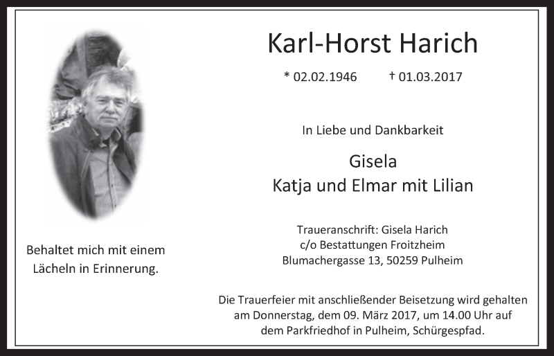  Traueranzeige für Karl-Horst Harich vom 08.03.2017 aus  Wochenende 