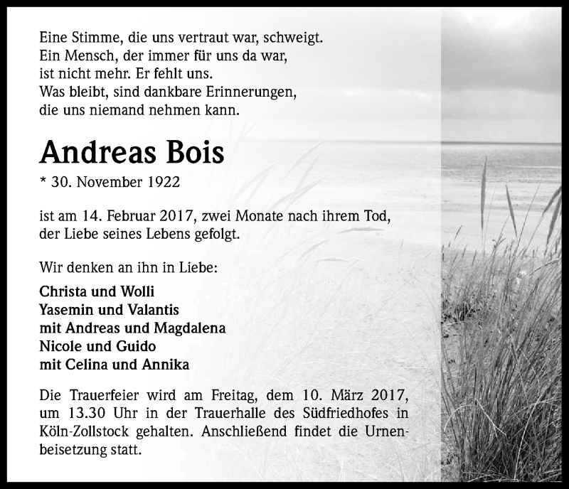  Traueranzeige für Andreas Bois vom 08.03.2017 aus Kölner Stadt-Anzeiger / Kölnische Rundschau / Express