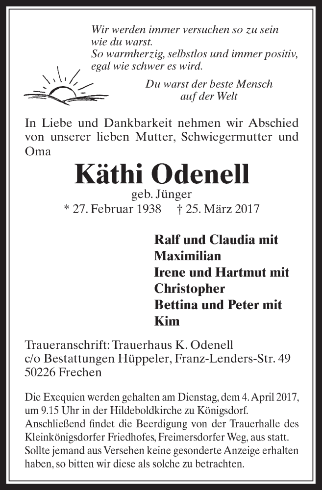  Traueranzeige für Käthi Odenell vom 29.03.2017 aus  Wochenende 