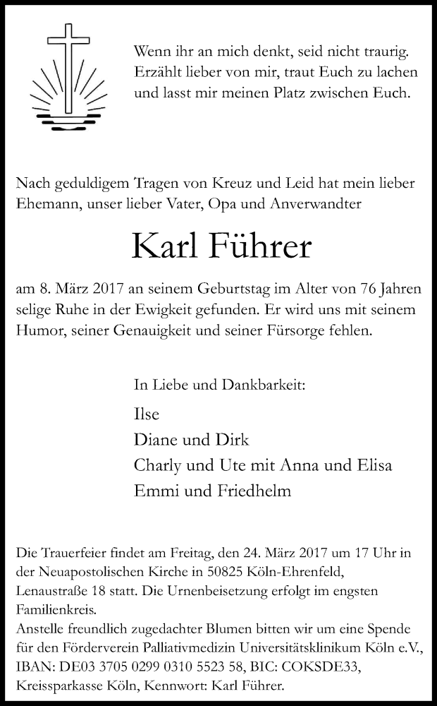  Traueranzeige für Karl Führer vom 18.03.2017 aus Kölner Stadt-Anzeiger / Kölnische Rundschau / Express