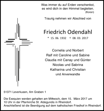 Anzeige von Friedrich Odendahl von Kölner Stadt-Anzeiger / Kölnische Rundschau / Express