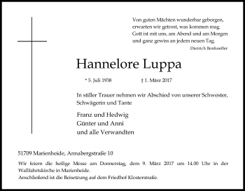 Anzeige von Hannelore Luppa von Kölner Stadt-Anzeiger / Kölnische Rundschau / Express