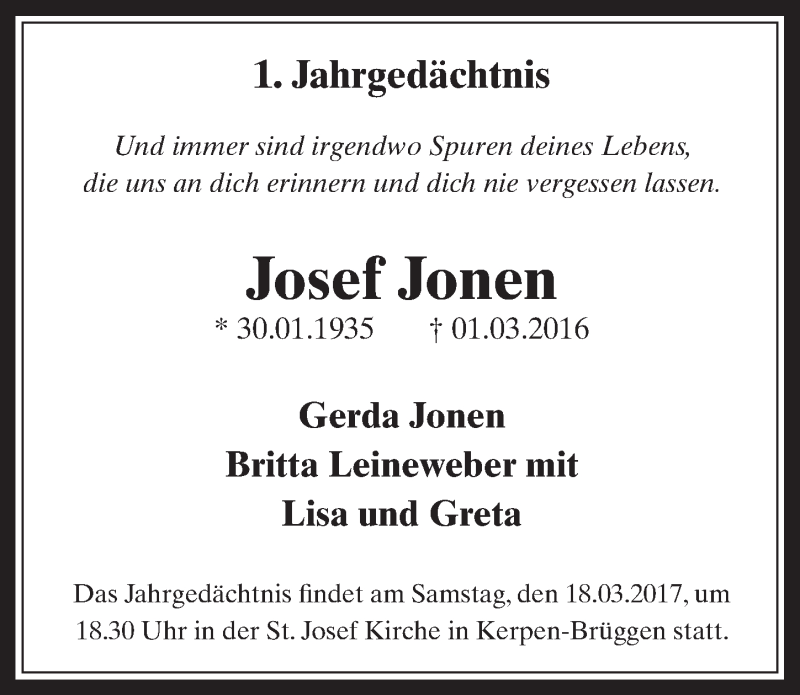  Traueranzeige für Josef Jonen vom 11.03.2017 aus  Sonntags-Post 