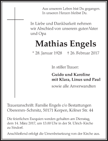 Anzeige von Mathias Engels von  Sonntags-Post 