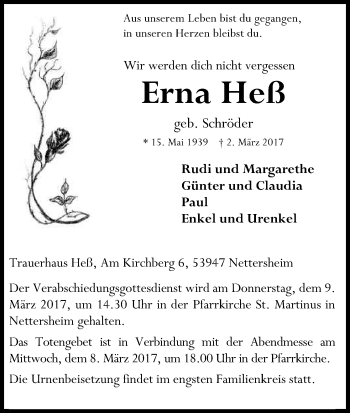 Anzeige von Erna Heß von Kölner Stadt-Anzeiger / Kölnische Rundschau / Express