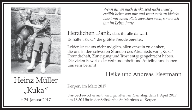 Traueranzeige für Heinz Müller vom 25.03.2017 aus  Sonntags-Post 