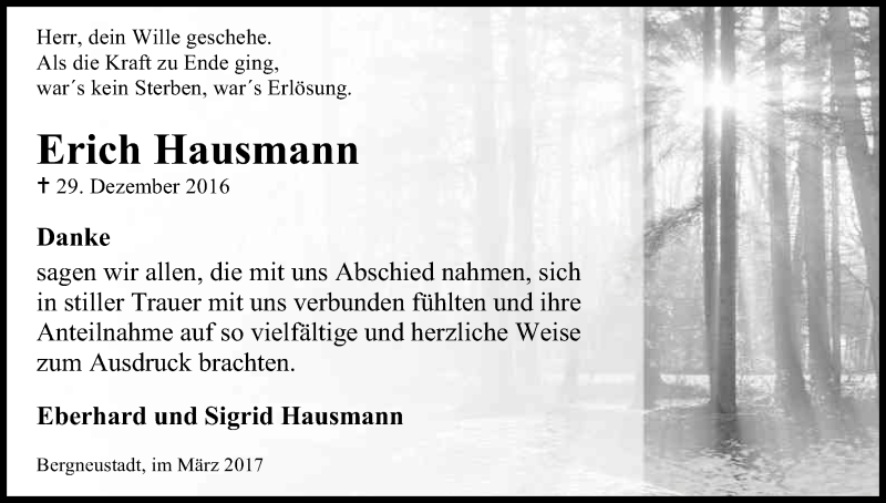  Traueranzeige für Erich Hausmann vom 04.03.2017 aus Kölner Stadt-Anzeiger / Kölnische Rundschau / Express