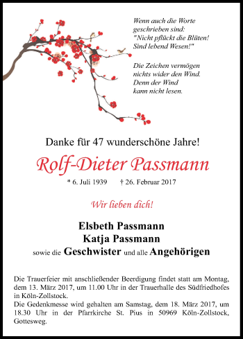 Anzeige von Rolf-Dieter Passmann von Kölner Stadt-Anzeiger / Kölnische Rundschau / Express