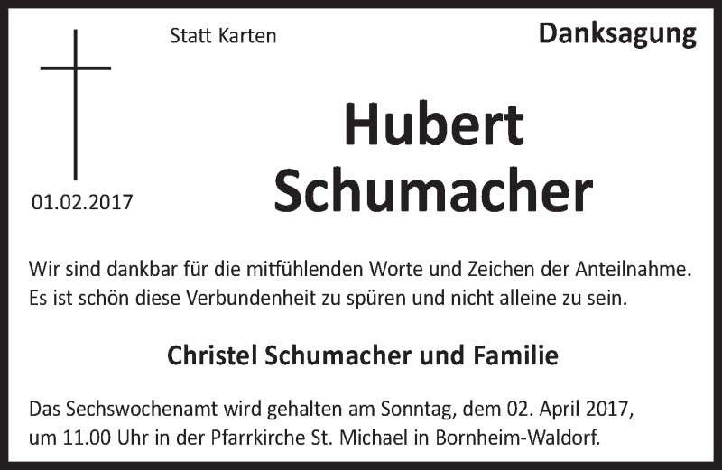  Traueranzeige für Hubert Schumacher vom 29.03.2017 aus  Schlossbote/Werbekurier 