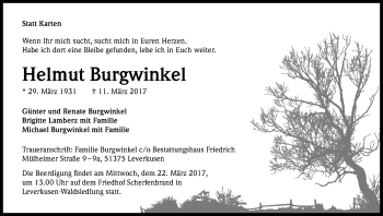 Anzeige von Helmut Burgwinkel von Kölner Stadt-Anzeiger / Kölnische Rundschau / Express