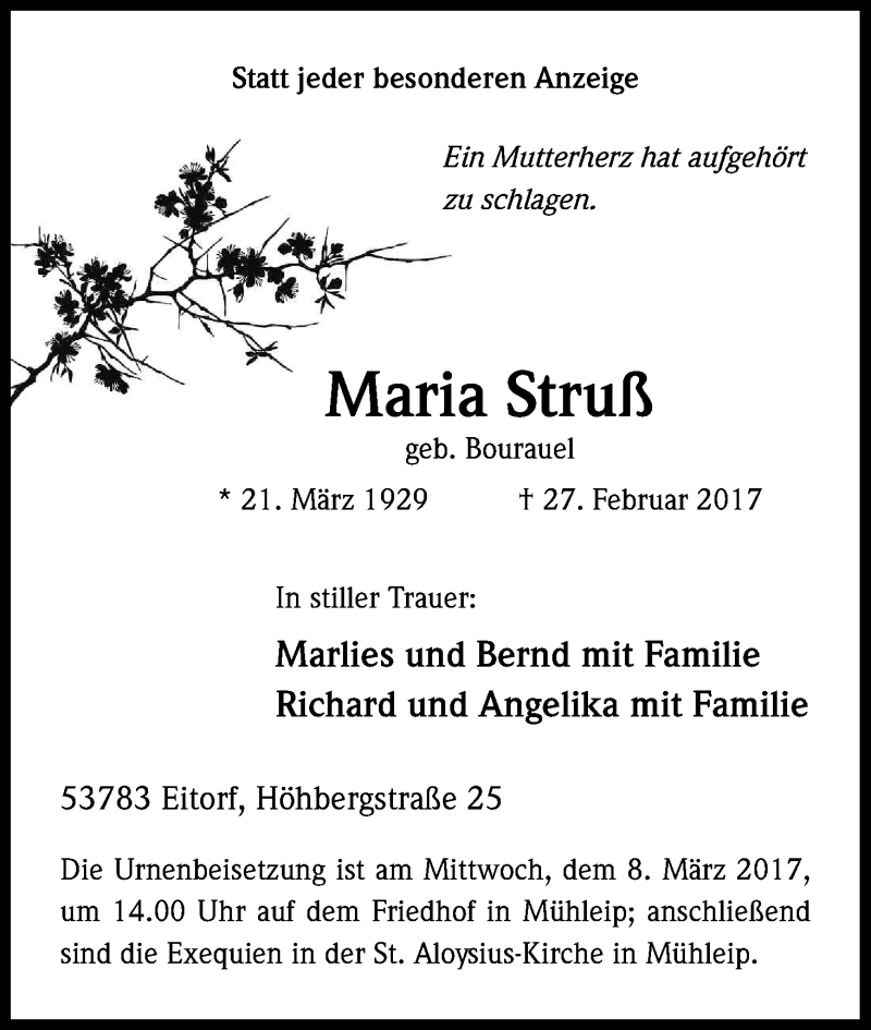  Traueranzeige für Maria Struß vom 03.03.2017 aus Kölner Stadt-Anzeiger / Kölnische Rundschau / Express