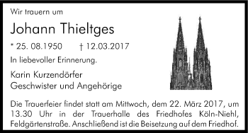 Anzeige von Johann Thieltges von Kölner Stadt-Anzeiger / Kölnische Rundschau / Express