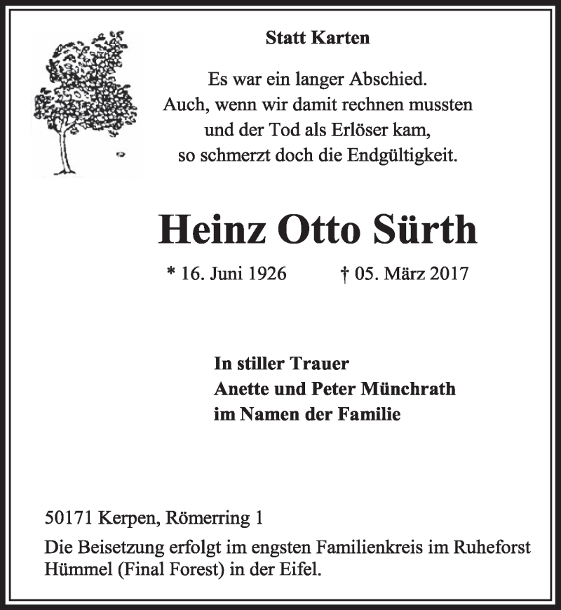  Traueranzeige für Heinz Otto Sürth vom 18.03.2017 aus  Sonntags-Post 