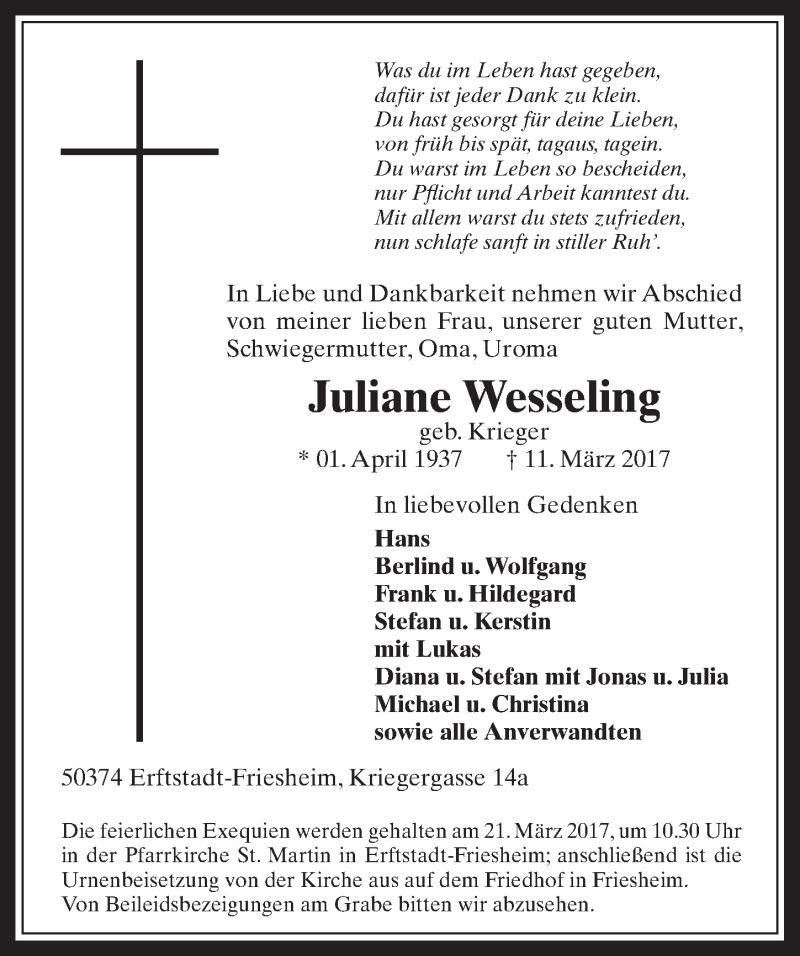  Traueranzeige für Juliane Wesseling vom 15.03.2017 aus  Werbepost 