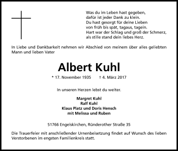 Anzeige von Albert Kuhl von Kölner Stadt-Anzeiger / Kölnische Rundschau / Express
