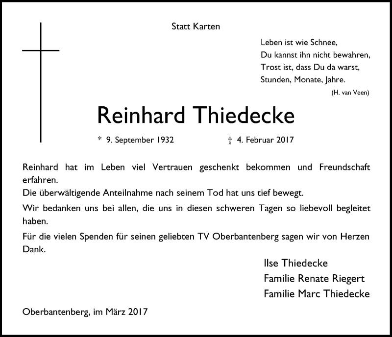  Traueranzeige für Reinhard Thiedecke vom 22.03.2017 aus  Anzeigen Echo 