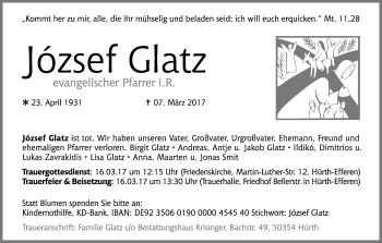 Anzeige von Jozsef Glatz von Kölner Stadt-Anzeiger / Kölnische Rundschau / Express