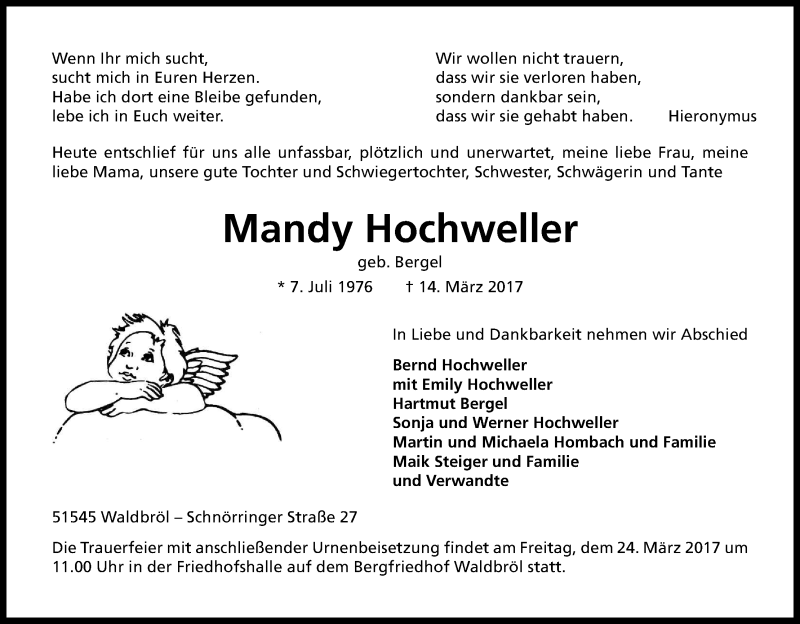 Traueranzeige für Mandy Hochweller vom 18.03.2017 aus Kölner Stadt-Anzeiger / Kölnische Rundschau / Express