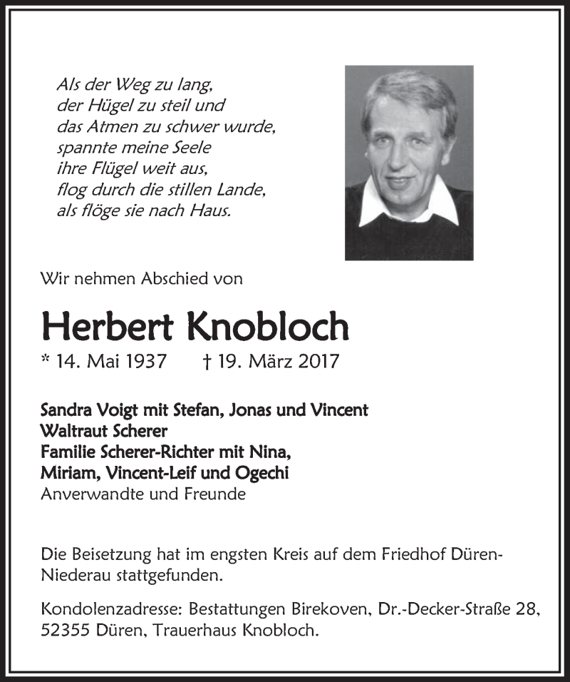  Traueranzeige für Herbert Knobloch vom 01.04.2017 aus  Sonntags-Post 