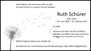 Anzeige von Ruth Schürer von Kölner Stadt-Anzeiger / Kölnische Rundschau / Express