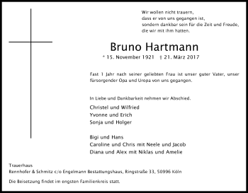 Anzeige von Bruno Hartmann von Kölner Stadt-Anzeiger / Kölnische Rundschau / Express