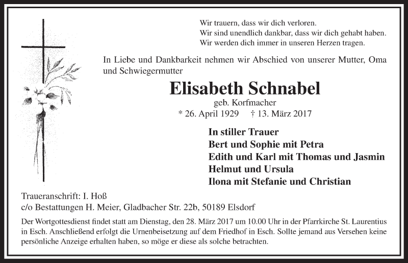  Traueranzeige für Elisabeth Schnabel vom 25.03.2017 aus  Sonntags-Post 