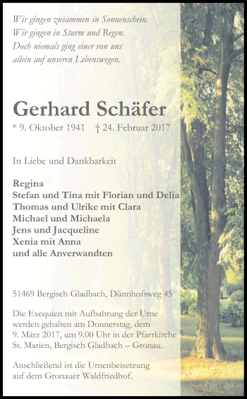 Anzeige von Gerhard Schäfer von Kölner Stadt-Anzeiger / Kölnische Rundschau / Express