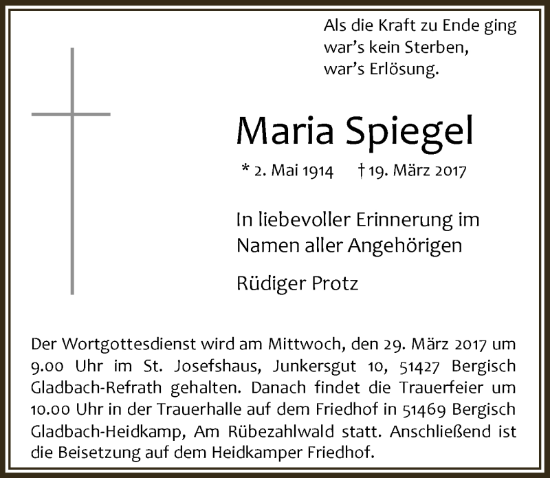  Traueranzeige für Maria Spiegel vom 25.03.2017 aus  Bergisches Sonntagsblatt 