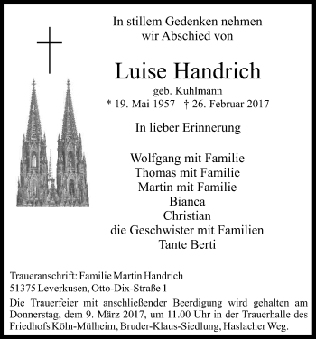 Anzeige von Luise Handrich von Kölner Stadt-Anzeiger / Kölnische Rundschau / Express