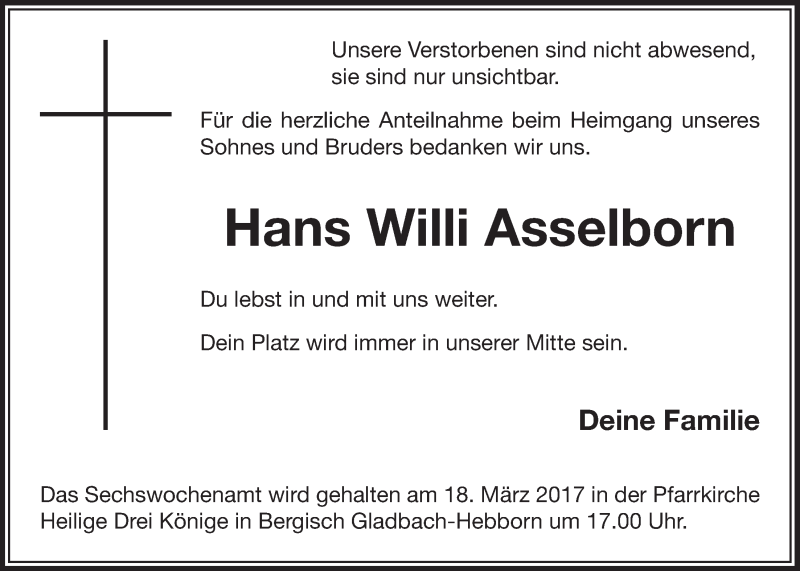  Traueranzeige für Willi Asselborn vom 08.03.2017 aus  Bergisches Handelsblatt 