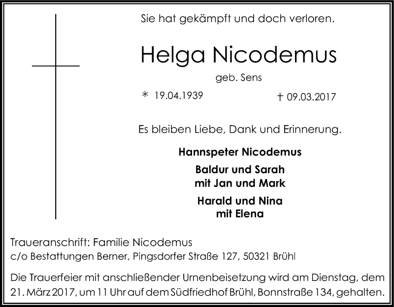  Traueranzeige für Helga Nicodemus vom 15.03.2017 aus Kölner Stadt-Anzeiger / Kölnische Rundschau / Express