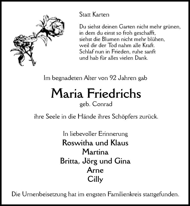  Traueranzeige für Maria Friedrichs vom 04.03.2017 aus  Blickpunkt Euskirchen 