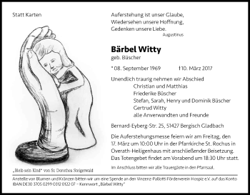 Anzeige von Bärbel Witty von Kölner Stadt-Anzeiger / Kölnische Rundschau / Express
