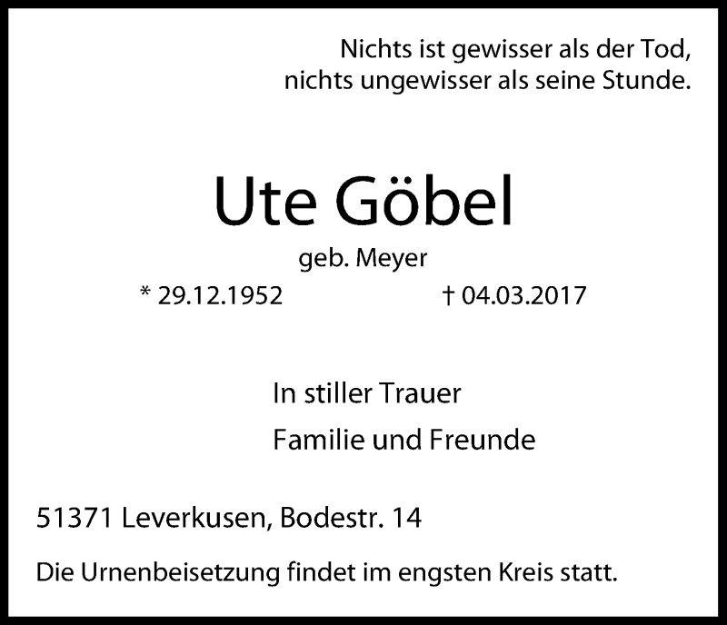  Traueranzeige für Ute Göbel vom 13.03.2017 aus Kölner Stadt-Anzeiger / Kölnische Rundschau / Express