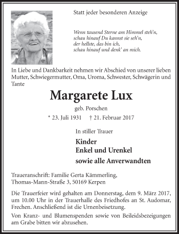 Anzeige von Margarete Lux von  Sonntags-Post 