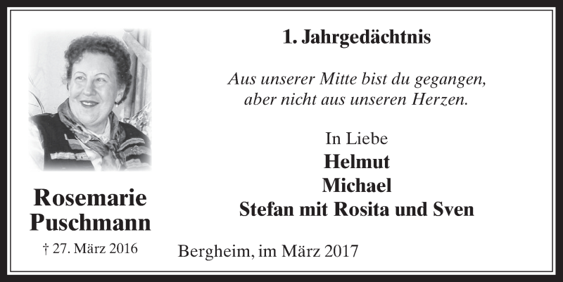  Traueranzeige für Rosemarie Puschmann vom 22.03.2017 aus  Werbepost 