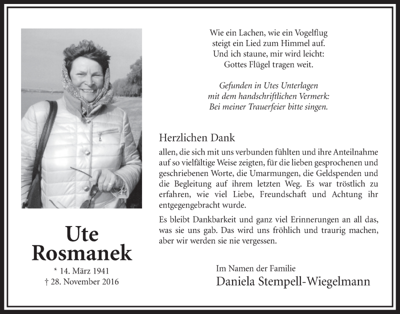  Traueranzeige für Ute Rosmanek vom 04.03.2017 aus  Sonntags-Post 