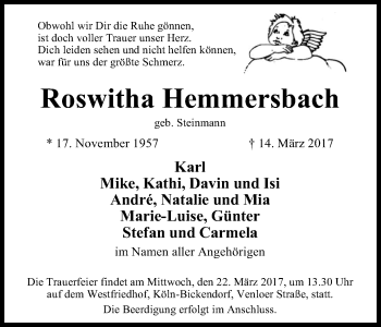 Anzeige von Roswitha Hemmersbach von Kölner Stadt-Anzeiger / Kölnische Rundschau / Express