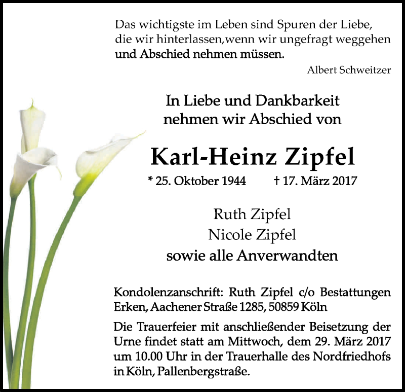  Traueranzeige für Karl-Heinz Zipfel vom 25.03.2017 aus Kölner Stadt-Anzeiger / Kölnische Rundschau / Express