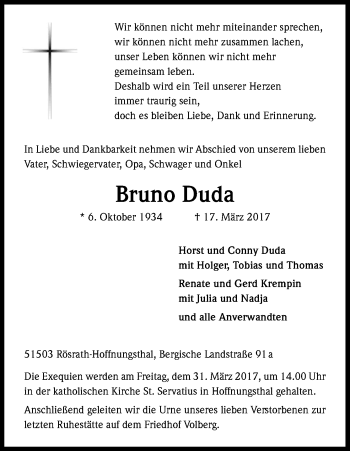 Anzeige von Bruno Duda von Kölner Stadt-Anzeiger / Kölnische Rundschau / Express
